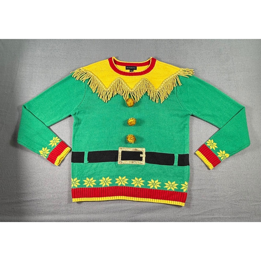 Blizzard Bay Elf Christmas Sweater Green Holiday‎ Novelty Fringe Pom Poms Men M
